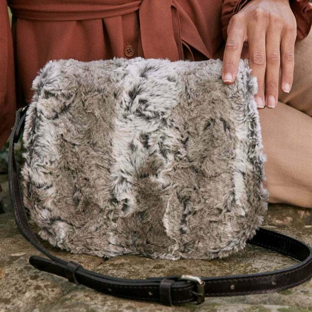 NWT Patricia Nash Black Leather Salerno Saddle Bag Faux Fur Taupe